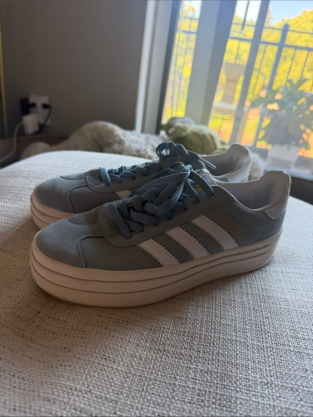 adidas Gazelle Pastel Blue Suede Platform Sneakers with White Stripes